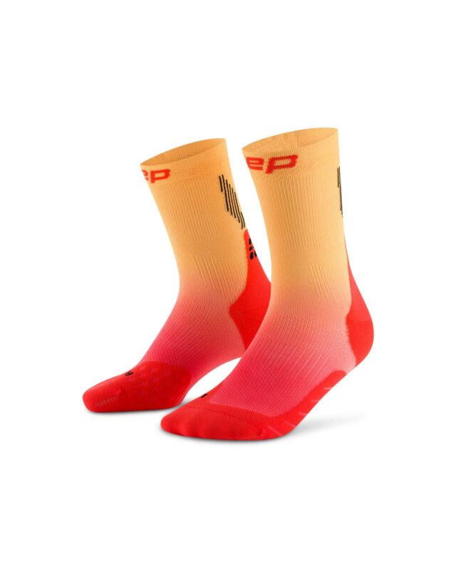 CEP run edt. gradient socks, mid cut, 5.0, women red/marigold fade