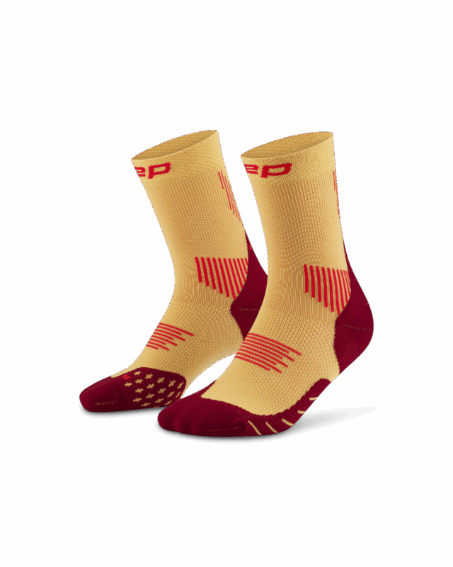 CEP run socks, mid cut, 5.0, women marigold/burgundy