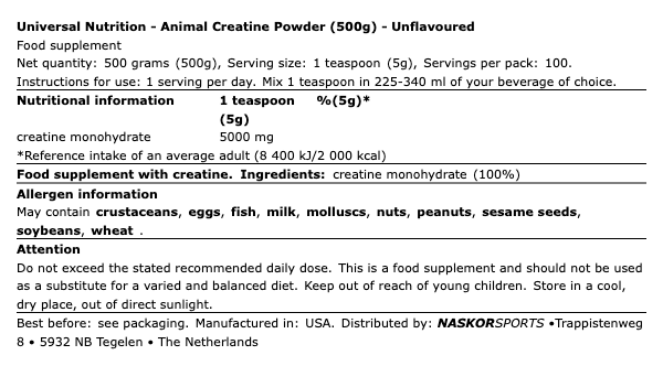 Universal Animal 100% Pure Creatine 500g | Μονοϋδρική Κρεατίνη - Image 2